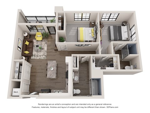 A 3D floor plan of a house with a kitchen, living room, and bathroom.